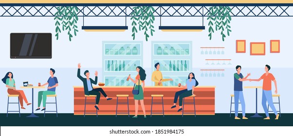 People meeting in cafe, drinking beer in pub, sitting at table or counter and talking. Vector illustration for night life, party, bar concept