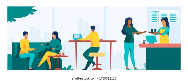 People meeting in cafe for lunch vector illustration. People sitting at tables, drinking coffee and working on laptops and barista standing at counter. Friends drink coffee with pastry in coffeehouse