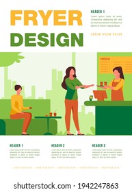 People meeting in cafe for lunch vector illustration. People sitting at tables, drinking coffee and working on laptops and barista standing at counter. Friends drink coffee with pastry in coffeehouse