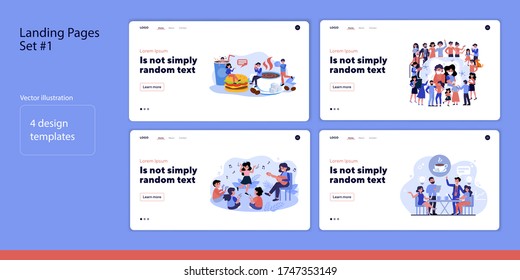 People meeting in cafe set. Children at school, social distance, isolation. Flat vector illustration. Communication, coronavirus concept for banner, website design or landing web page