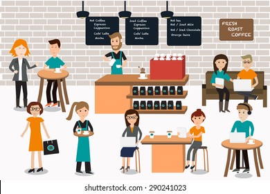 People meeting in the coffee shop infographics elements.illustrator EPS10.with barista and servant staff