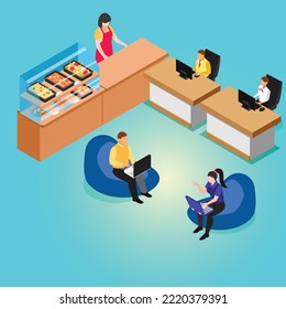 People meeting in the coffee shop isometric 3d vector illustration concept for banner, website, illustration, landing page, flyer, etc.