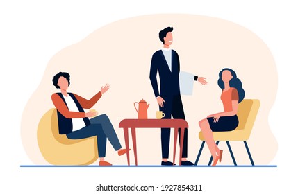 People meeting in coffee shop. Waiter serving customers sitting at table in cafe. Flat vector illustration. Restaurant, service, couple dating concept for banner, website design or landing web page