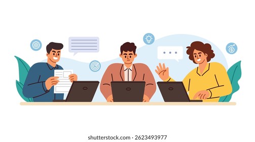 pessoas se reunindo e colaborando ao redor da mesa com laptops, compartilhando ideias e documentos.