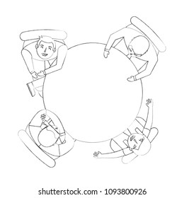 people meeting with computer on the round table in top view