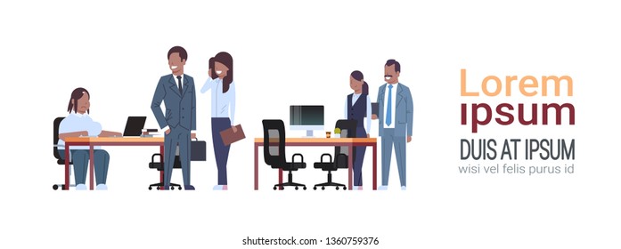 people meeting in co-working office fat obese woman sitting workplace african businesspeople discussing with overweight female boss unhealthy lifestyle concept horizontal full length copy space