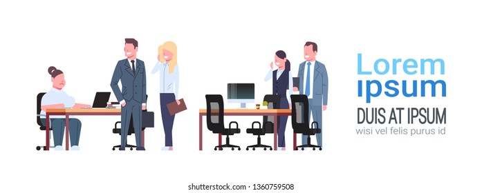 people meeting in co-working office fat obese woman sitting workplace businesspeople discussing with overweight female boss unhealthy lifestyle concept horizontal full length copy space