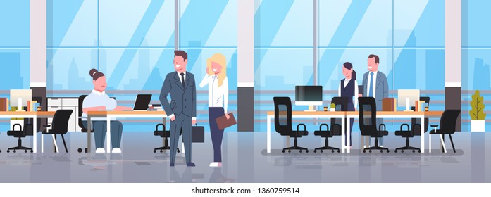 people meeting in co-working office fat obese woman sitting workplace businesspeople discussing with overweight female boss modern workspace interior horizontal full length