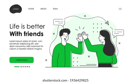 People meeting and dating concept. hand greetings, talking spending spare time. website, web page, landing page template. Flat abstract vector illustration . Simple line art isolated white background