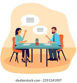 People meeting at desk in office. Vector illustration for co-working, teamwork, workspace concept