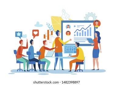 People Meeting Devoted to Social Media Marketing Development. Team Discuss Business Progress, Startup Results, Analytical Data. Woman Reporting to Developers. Man Answering. Vector Flat Illustration