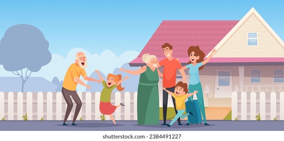 People meeting home. Cartoon happy characters come back home exact vector background