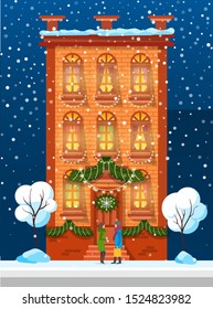People meeting near high building construction at snowy weather. Man and woman standing near urban house, trees with snowflakes. Dark view on city, couple standing near architecture with lights vector
