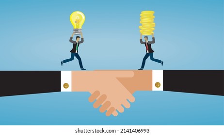 People meeting on middle of handshake, carrying light bulb and mone. Agreement. Vector illustration.