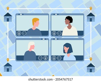 people meeting online from home on map