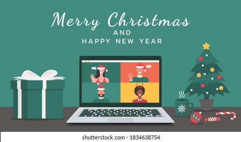 people meeting online together via video calling on a laptop to virtual discussion on Christmas holiday with Merry Christmas and happy new year text, office desk workplace, flat vector illustration