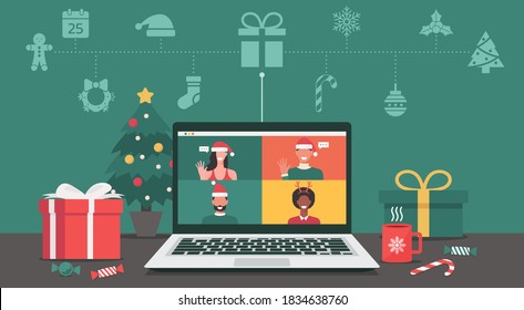 People Meeting Online Together Via Video Calling On A Laptop To Virtual Discussion On Christmas Holiday With Icon, Office Desk Workplace, Flat Vector Illustration