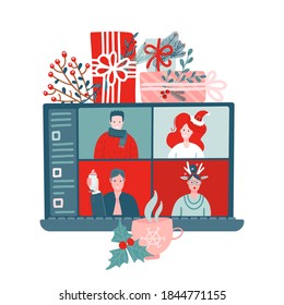 People meeting online together via video calling on a laptop to virtual discussion on Christmas holiday. festive laptop with gift boxes. flat vector illustration.