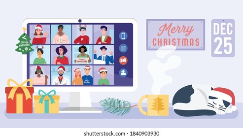 People meeting online via video conference on a computer on Christmas holiday. Vector