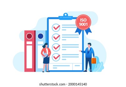 People Meeting Quality Control Standards And Getting Certificate. Quality Management Certification, Industry Concept. Flat Vector Template 
