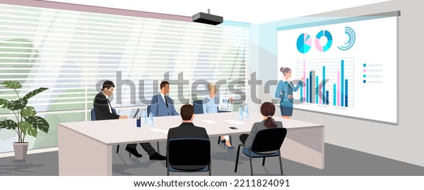 People meeting and sitting at workplace desk\
on presentation in office cabinet with big window. Woman stands\
near financial diagram, infographic at hologram from video\
projector. Vector\
illustration