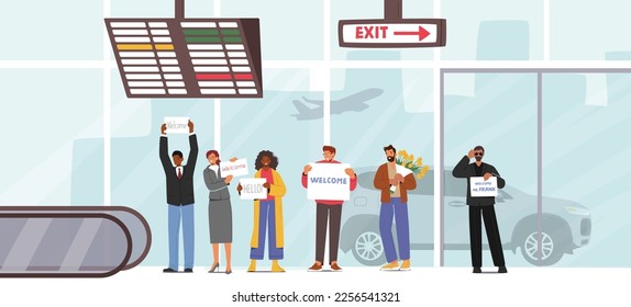 People Meeting Someone in Airport Arrival in Terminal Area. Male and Female Characters Holding Welcome Banners and Flowers Waiting Friends, Colleagues or Family in Hall. Cartoon Vector Illustration