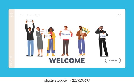 People Meeting Someone in Airport Landing Page Template. Male and Female Characters Holding Welcome Banners Waiting Friend, Colleague or Family Arrival in Terminal Area. Cartoon Vector Illustration