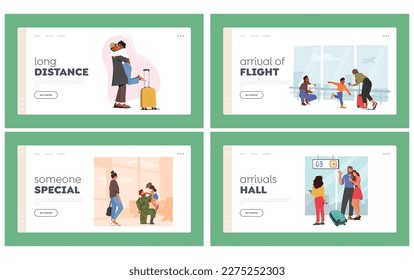 People Meeting Someone in Airport Landing Page Template Set. Concept of Excitement And Anticipation Of Reuniting With Loved Ones, Travel, Emotional Meeting Themes. Cartoon People Vector Illustration