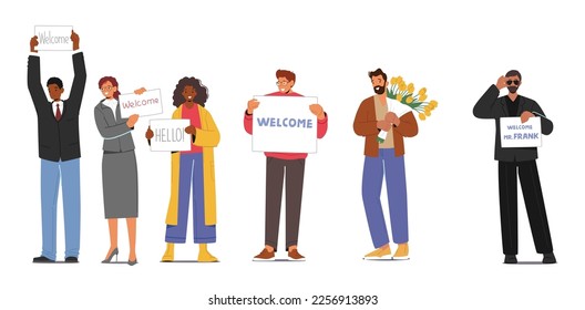 People Meeting Someone in Airport. Male and Female Characters Holding Welcome Banners Waiting Friend, Colleague or Family Arrival in Terminal Area. Cartoon Vector Illustration