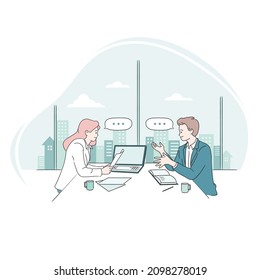 People meeting while looking at laptop computer at office desk. Line style business vector, illustration