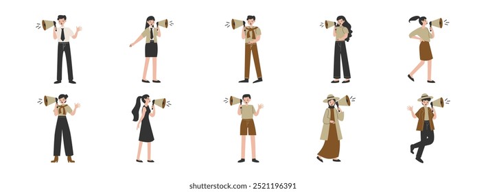 People with Megaphone concept flat illustration set. Include of loudspeakers, attention, announce, protest, information, and more. Vector illustration isolated.