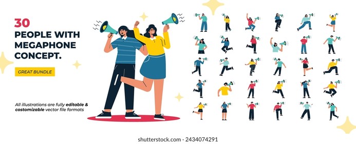 People with Megaphone Concept. Mega Set. Collection of Male and Female with Megaphone Concept for Marketing Announcement. Vector illustration