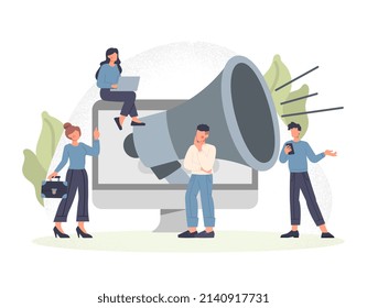 People with megaphone. Metaphor for promoting goods and services on Internet, modern technology. Marketing department, teamwork. Join our team, recruitment concept. Cartoon flat vector illustration