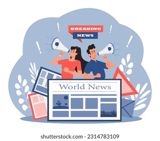 People with megaphone and newspapers concept. Man and woman with loudspeakers tell breaking news. Information and knowledge. Propaganda and journalism, mass media. Cartoon flat vector illustration