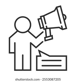People with megaphone outline icon, showing marketing outline icon, minimalist vector illustration and transparent graphic element. Isolated on white background