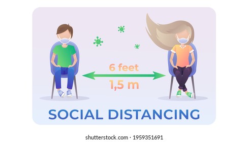 People, men and woman, sitting on chair with social distancing 1,5 meters, 6 feet. Keep your distance. Vector illustration isolated on white background for covid-19 poster, banner.