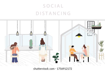 People men and woman are talking,eating in restaurant.Social distancing in new normal