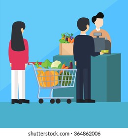 people men woman waiting in line queue pay store cashier counter grocery shopping