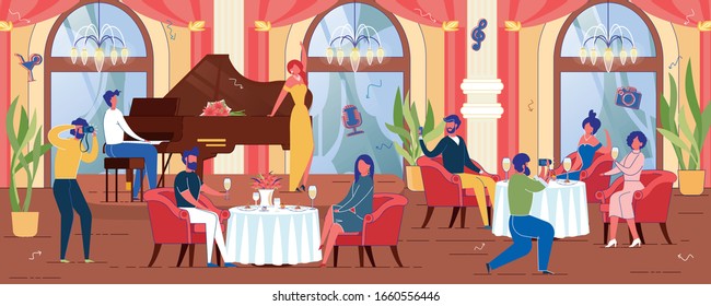 People, Men and Women Cartoon Characters Resting and Ordering Food in Luxury Restaurant Banqueting Hall Interior. High Class Eating Place with Music Performance Background. Flat Vector Illustration.