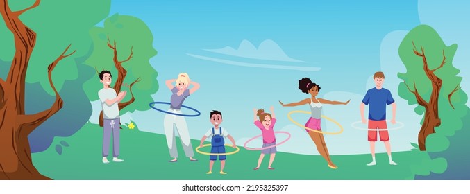 People men and women with children exercising with hula hoop outdoors, flat vector illustration. Sport and fitness workout on nature with hula hoop for family.