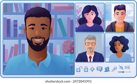 People, men and women, computer conference calling on an online internet virtual video conference call team meeting. Conferencing concept cartoon illustration.
