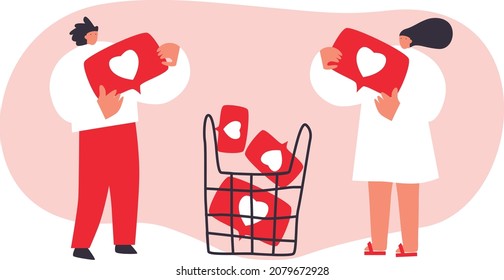 People, men and women holding like notifications. Followers gives like on social media. Like icon. Flat cartoon vector illustration. Like, rate on social networks, chat in the messenger and comments.