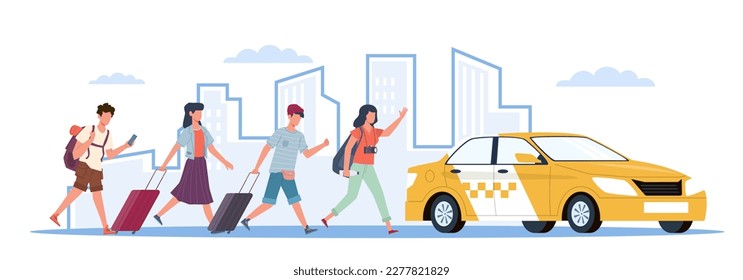 People men and women with luggage in hurry run to get cab. Taxi to airport. Yellow car, tourist late passengers. Vehicle stop. City traffic. Cartoon flat isolated illustration. Vector concept