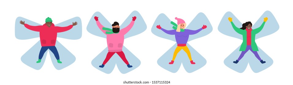people men and women making snow angel set .winter holidays