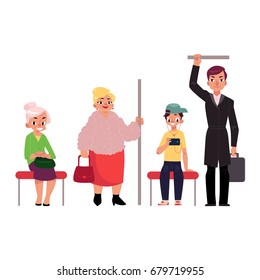 People, men and women, sitting and standing in subway train, cartoon vector illustration isolated on white background. Full length portrait of various people sitting and standing in subway