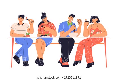 People, men and women  sitting at table and dining, cartoon flat vector illustration isolated on white background. People eating and communicating  in street cafe.