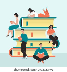 People men women students read on a giant pile of books. Learning concept, love of reading. Library. Vector illustration in flat cartoon style