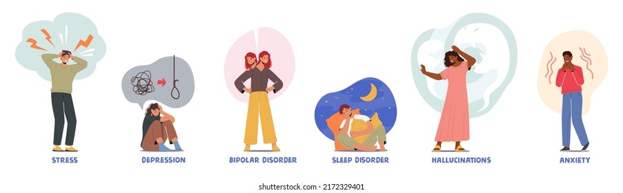 People with Mental Disease Stress, Depression, Bipolar and Sleep Disorder, Hallucinations and Anxiety. Male and Female Characters with Psychological Problems. Cartoon Vector Illustration