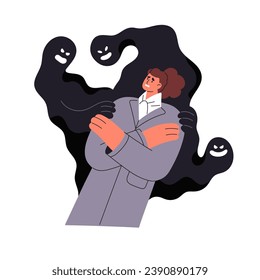 Personas con trastorno mental. Mujer asustada con sombras, fantasmas. Dependiente de los miedos internos, persona en pánico. Carácter en ansiedad, estrés. Ilustración vectorial aislada plana sobre fondo blanco