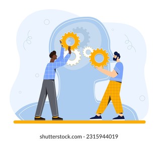 People with mental health concept. Men with gears in their hands against background of abstract silhouette of head. Psychology and awareness, help and support. Cartoon flat vector illustration